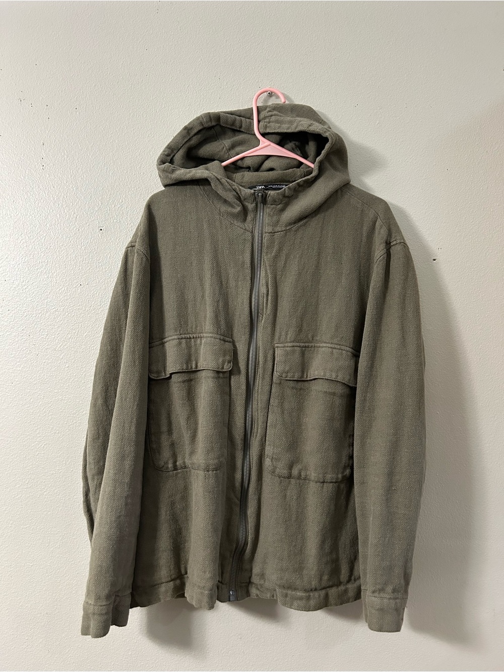 Zara Hooded Full Zip Olive Green Jacket Mens XL Cropped Long Sleeve Pockets - Picture 2 of 12